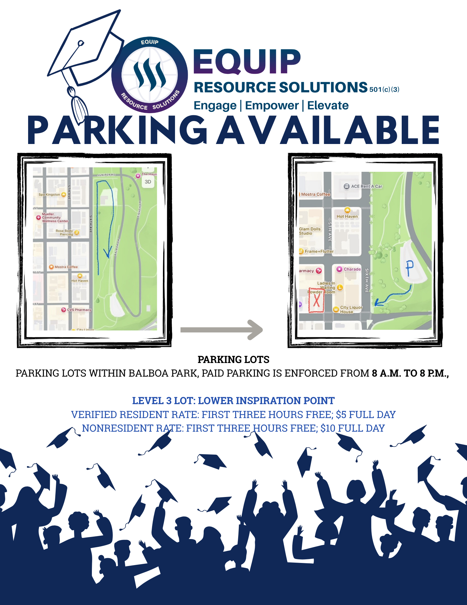 ERS Parking Available flyer with map showing driving route to Balboa Park lot